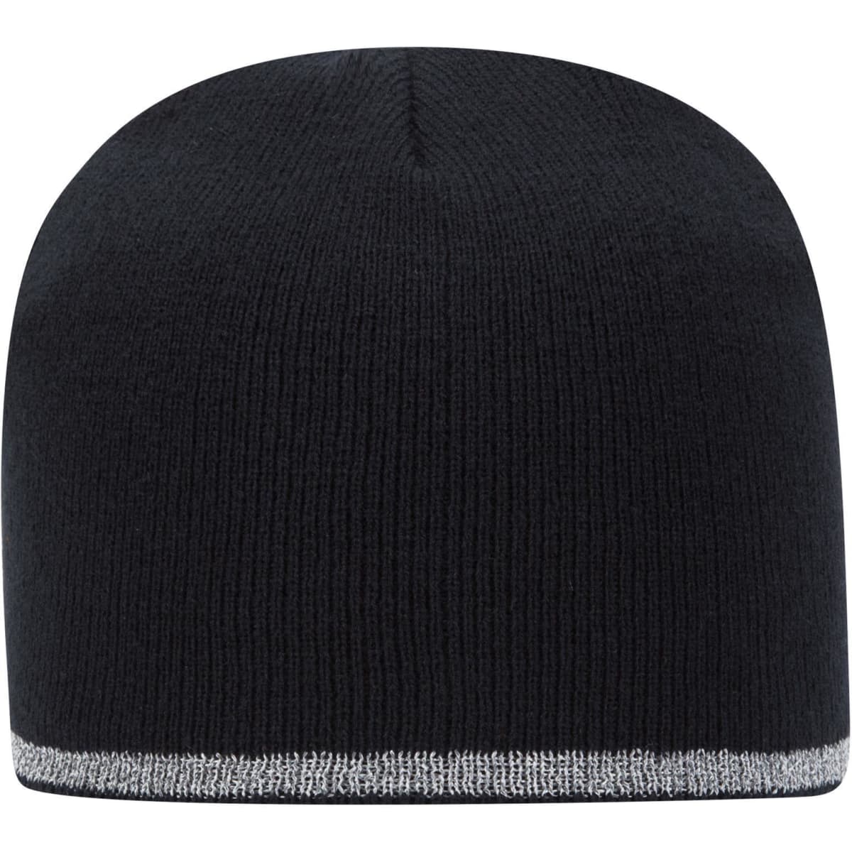 A classic black knit beanie featuring a reflective silver stripe at the bottom and a branding logo.