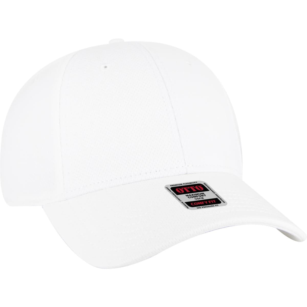 A white low profile baseball cap with a six-panel design and a logo on the front.