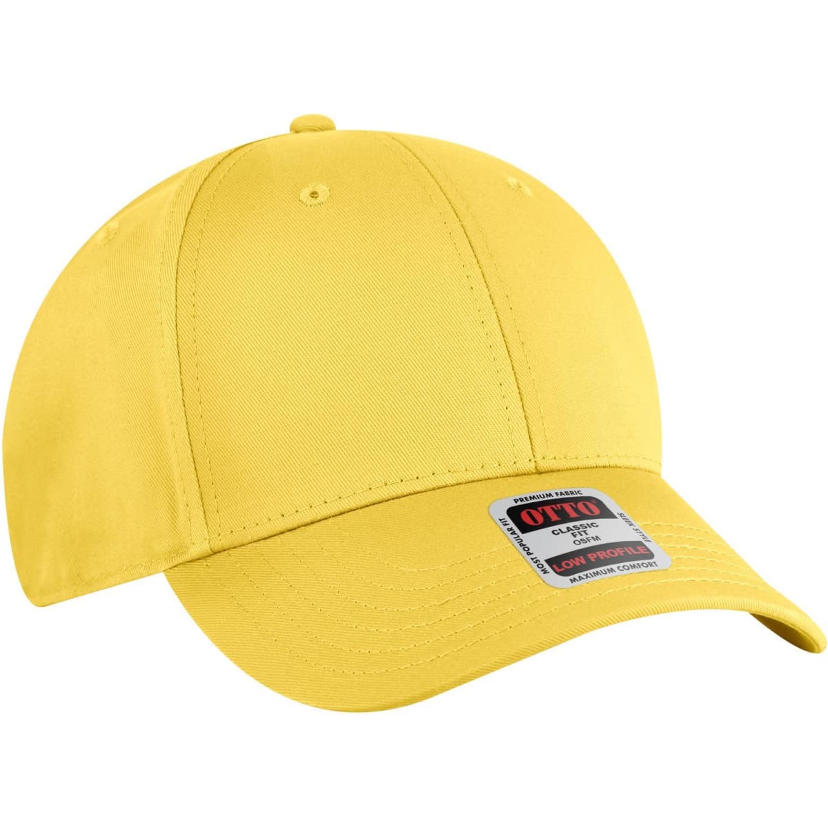 A yellow 6 panel low profile baseball cap with a branding label on the front.
