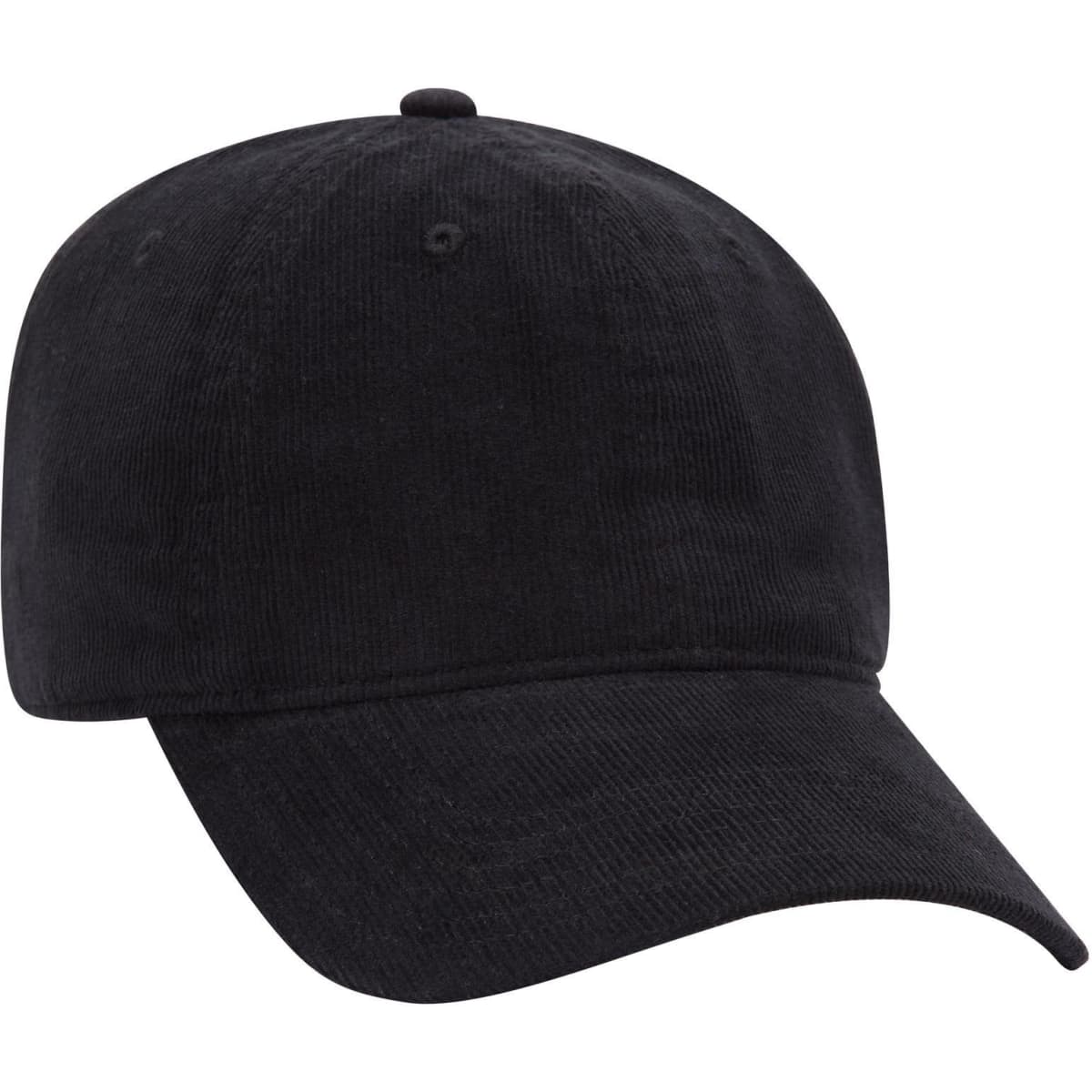 A black 6 panel low profile baseball dad cap with a curved brim and a logo on the front.