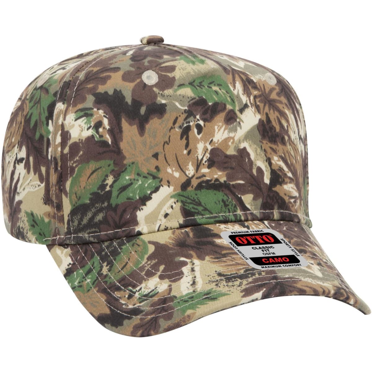 A camo-patterned five panel mid-profile baseball cap featuring shades of green, brown, and beige with a logo on the side.