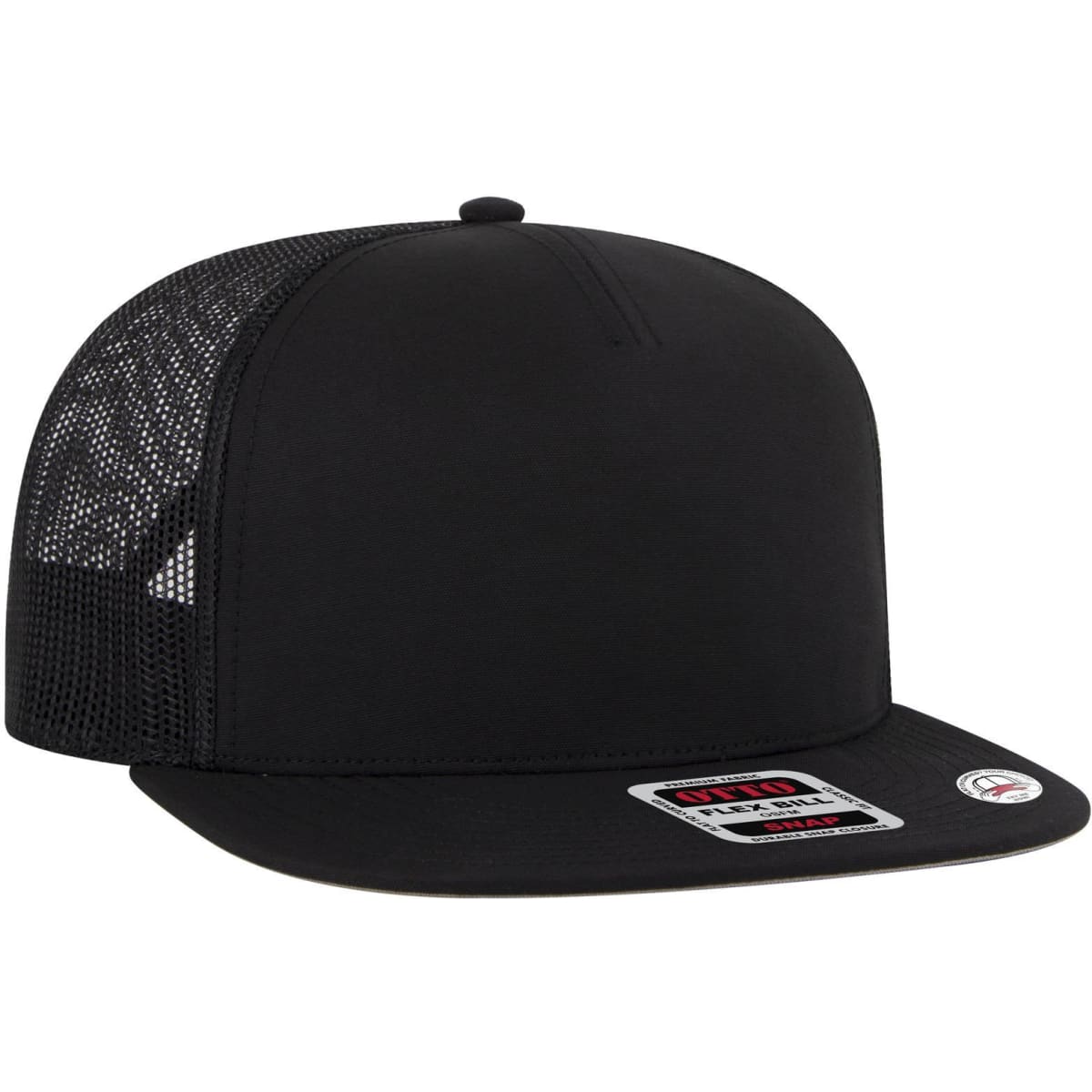 A black 5 Panel Pro Style Trucker Cap features a flat brim and mesh back, with a branded patch on the side.