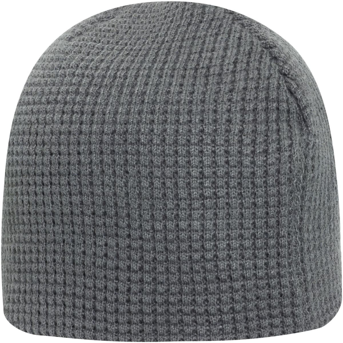 A grey waffle rib knit beanie with a rounded top and no visible branding.