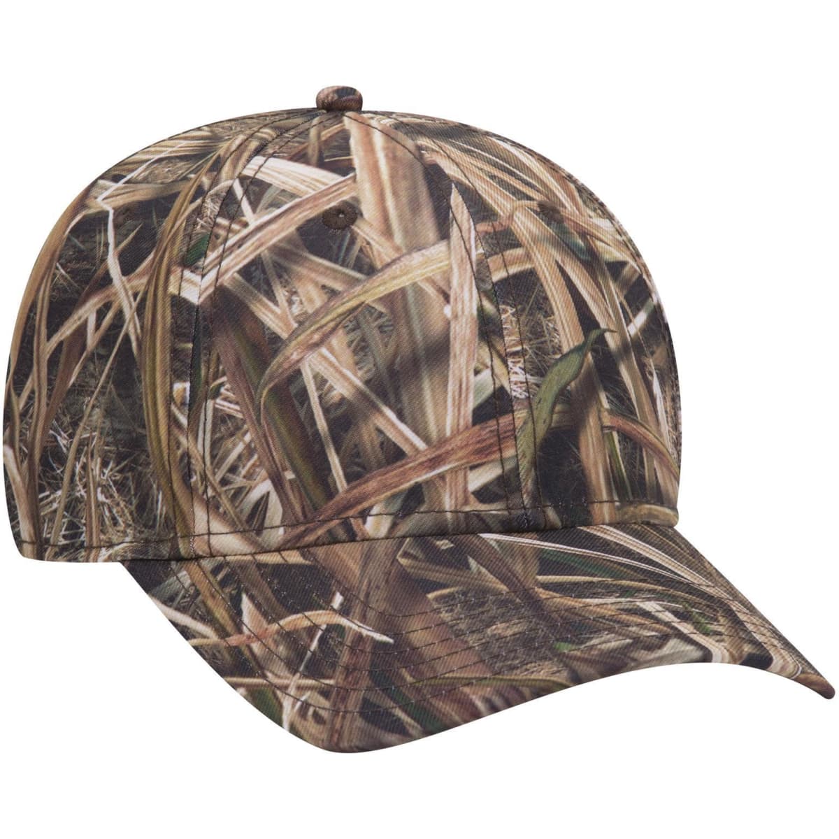 A camo-patterned 6 panel low profile baseball cap featuring shades of green and brown. It has a logo on the side.