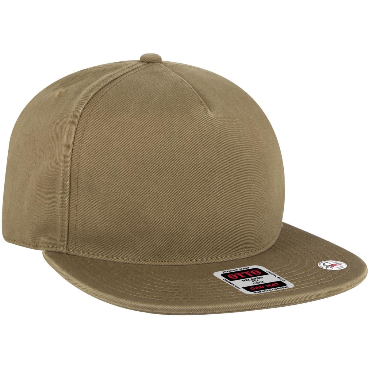 A khaki 5 panel low profile style dad cap with a flat brim and a logo on the side.