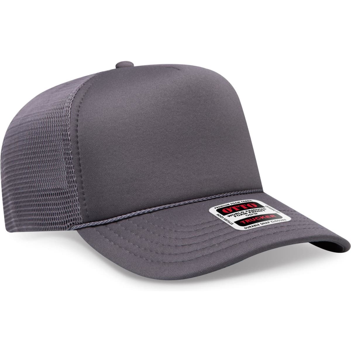 A grey high crown mesh back trucker hat with a fitted design and a logo label.