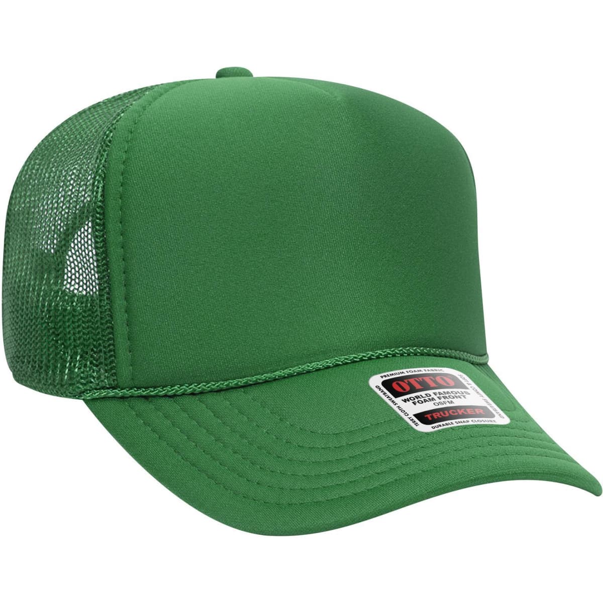 A green 5 panel mid profile trucker cap with a mesh back and a branding label.