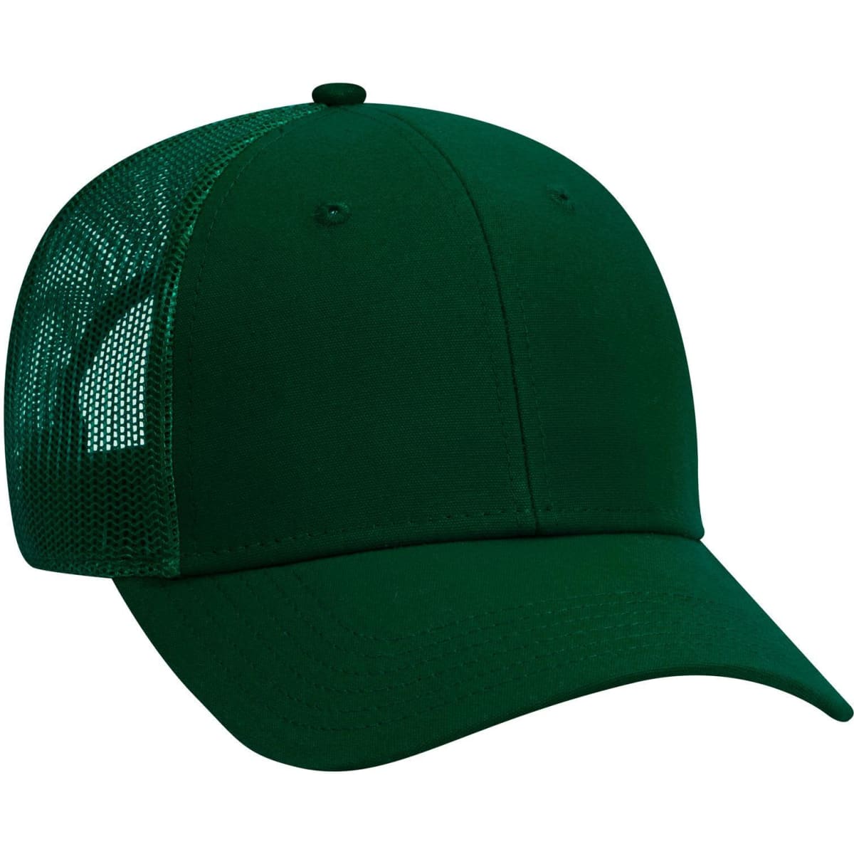 A green 6-panel low profile trucker cap with a mesh back and a curved brim. It features a logo.