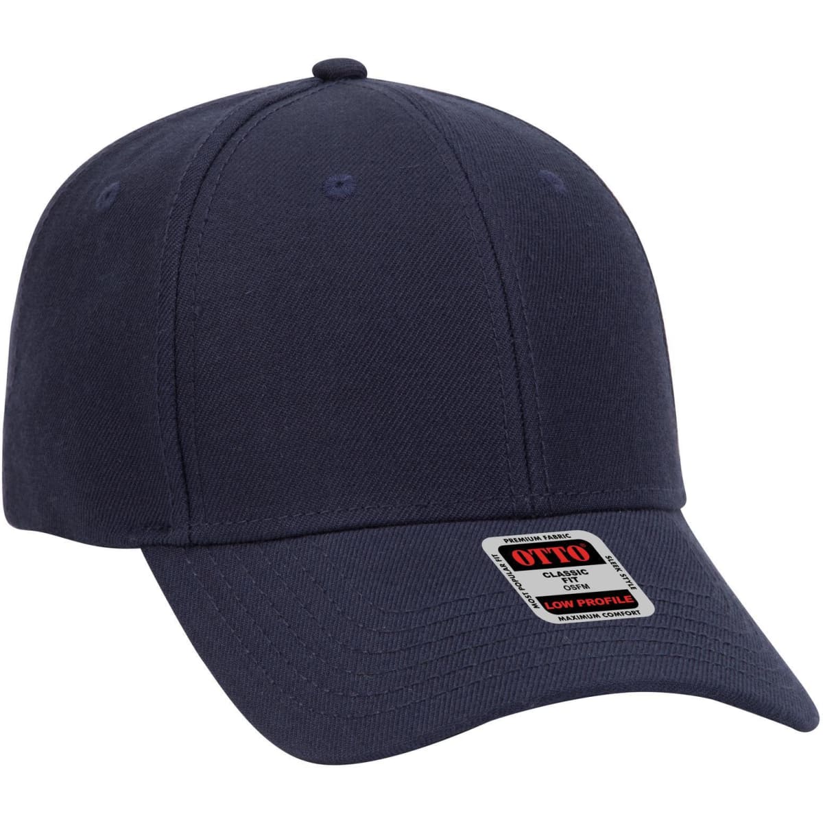 A navy blue 6 panel low profile baseball cap featuring a logo on the front.