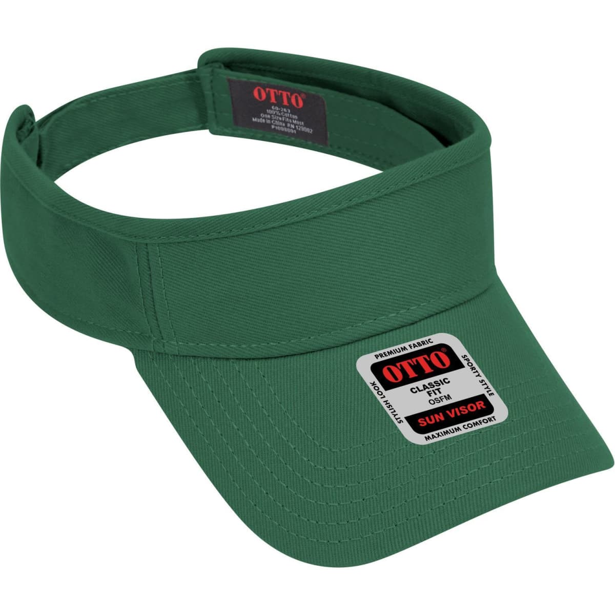 A green sun visor with a wide brim and an adjustable band, featuring a logo and a label.
