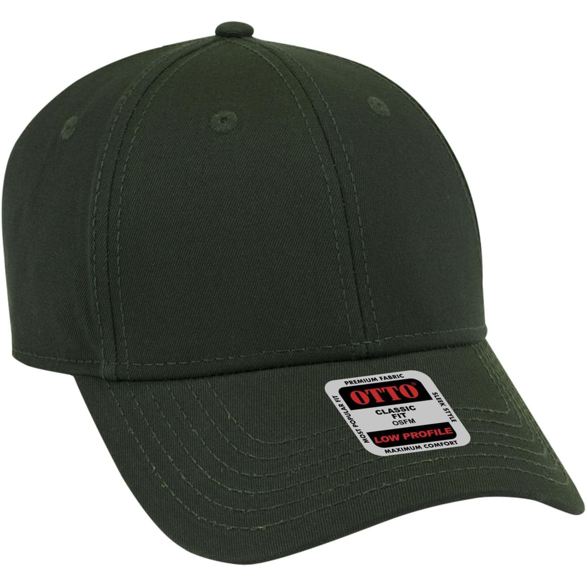 A dark green 6 panel low profile baseball cap with a rounded crown and a logo on the label.