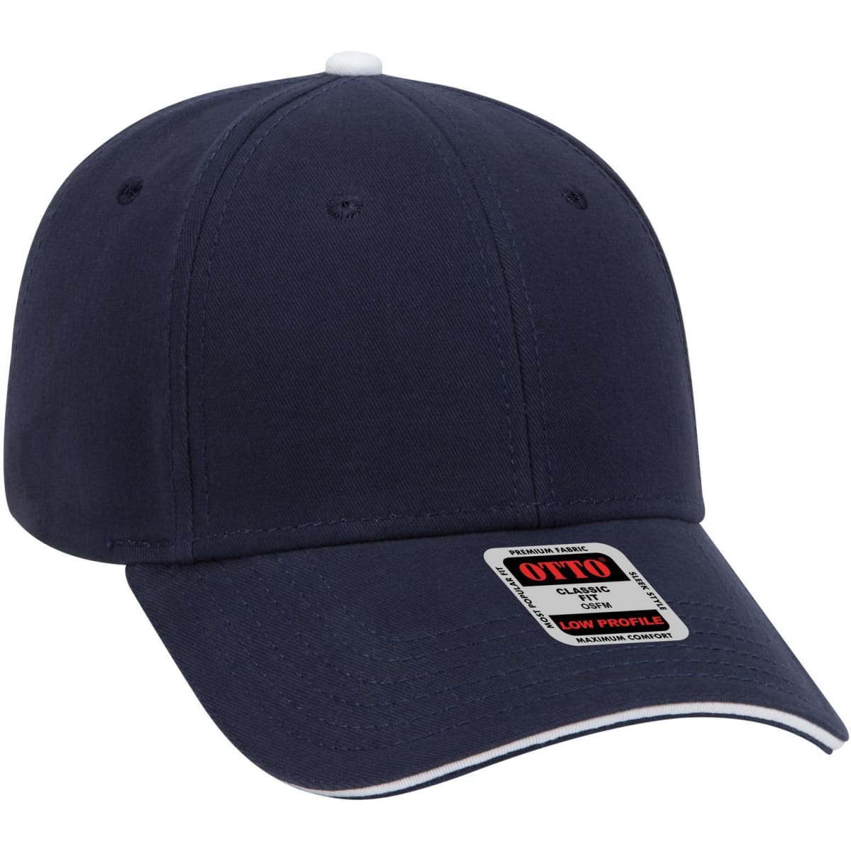 A navy 6 panel low profile baseball cap featuring a branded tag and a white accent on the top button.