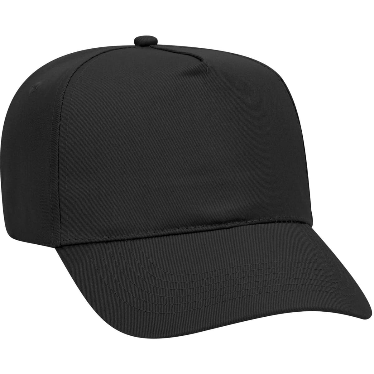 A black 5 panel mid profile baseball cap with a rounded crown and a flat peak. It features a logo.