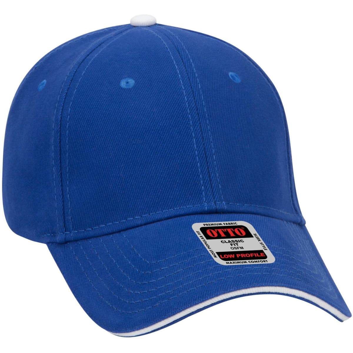 A blue six-panel low-profile baseball cap with a white button and an adjustable strap. It features a logo on the front.