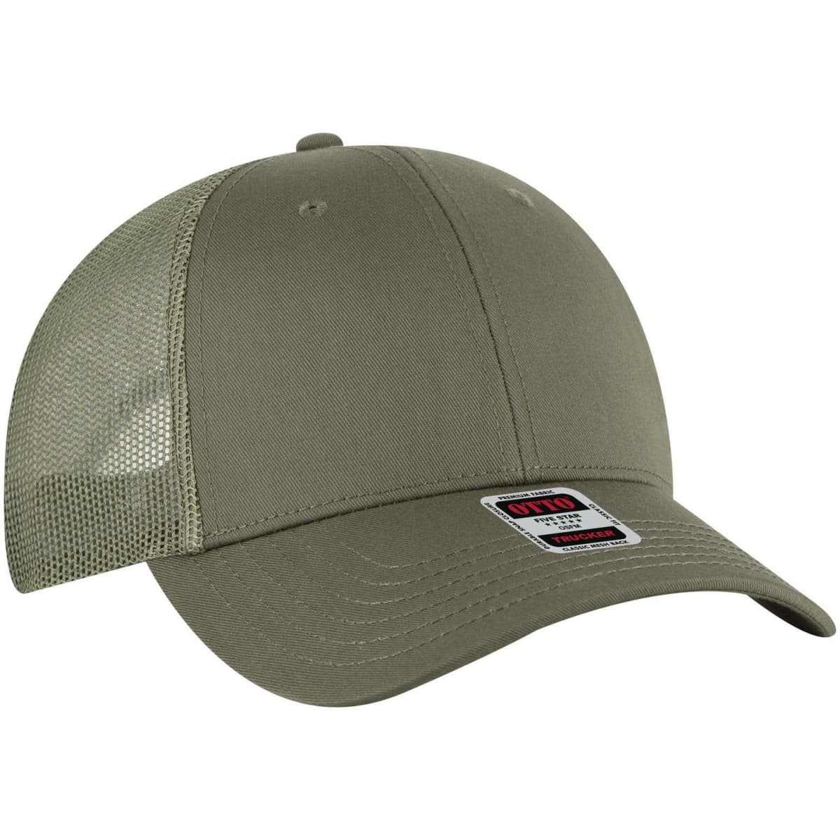 A low profile trucker cap in olive green with a mesh back and a branded patch on the front.