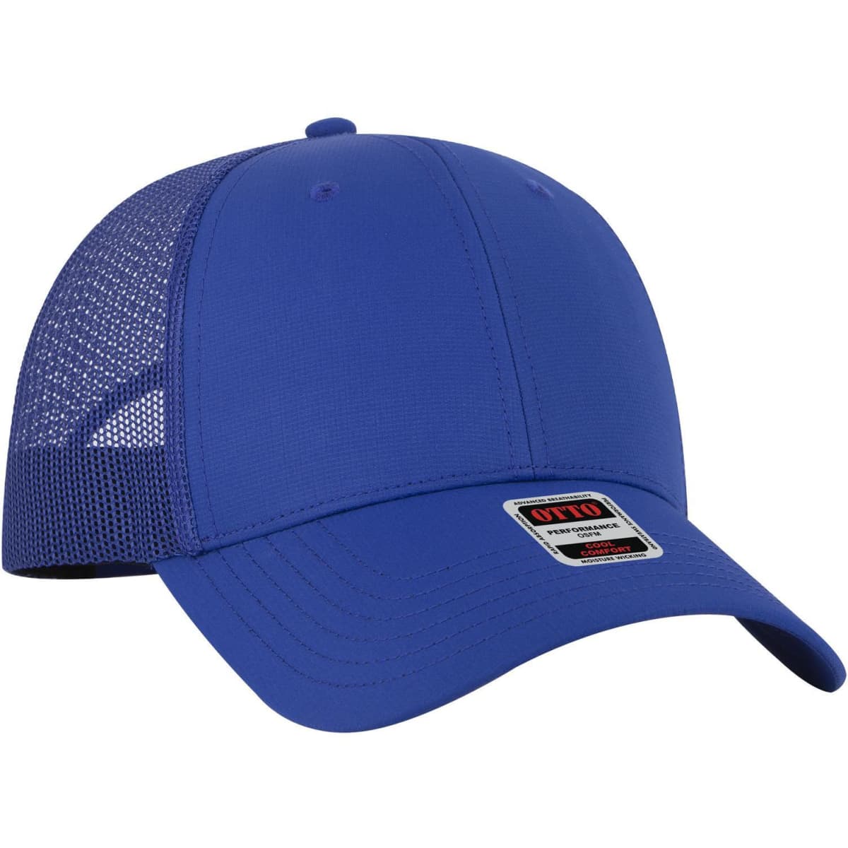 A blue low profile trucker cap with a mesh back and a logo badge on the front.