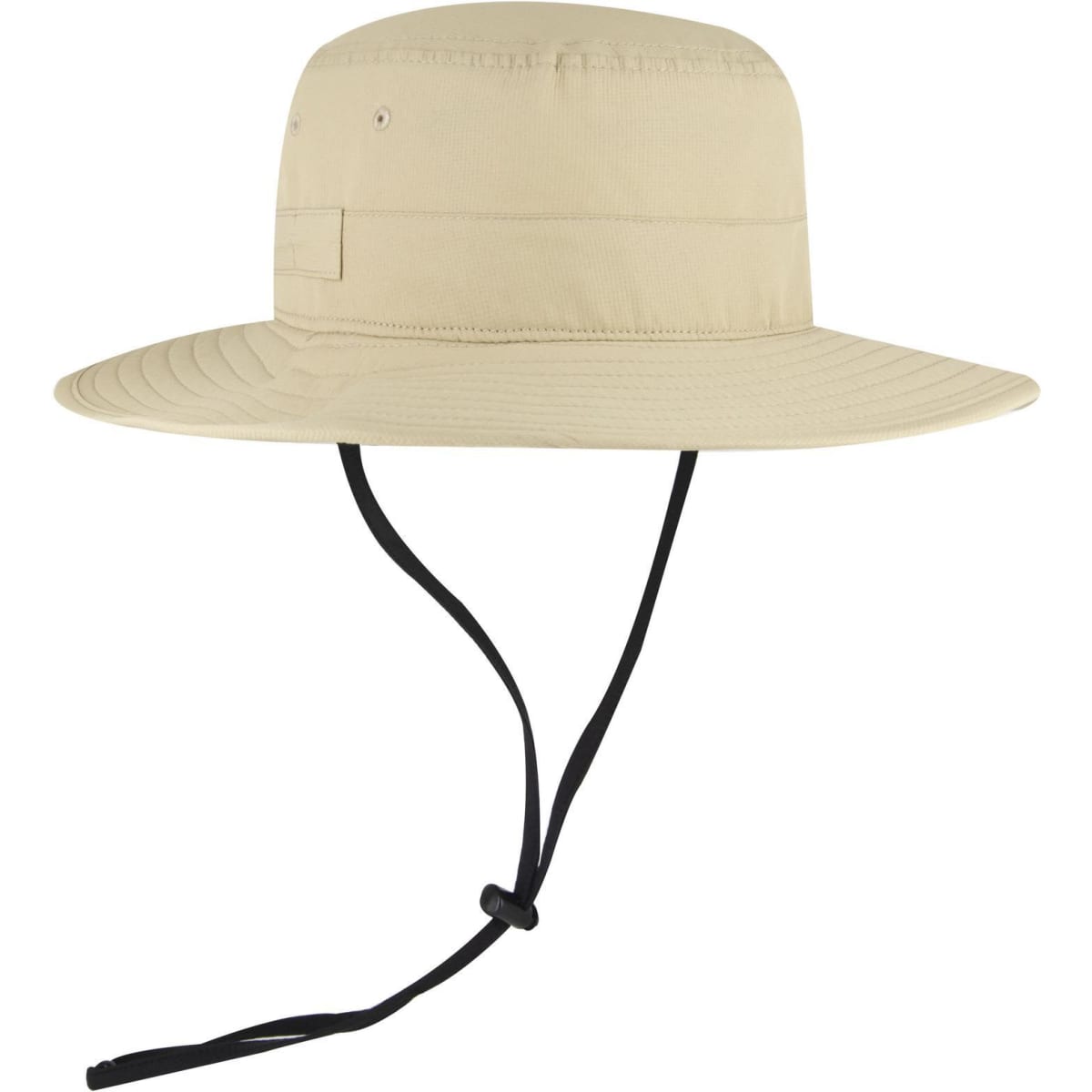 A beige polyester pongee boonie hat with a wide brim and a black adjustable chin strap.