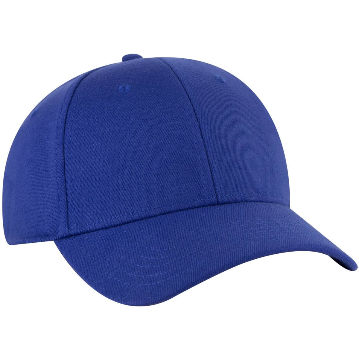 A blue 6 panel low profile baseball cap with a curved peak and a simple branding logo.