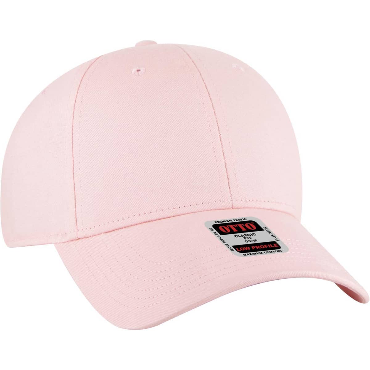 A pink 6 panel low profile baseball cap featuring a logo on the front and a curved brim.