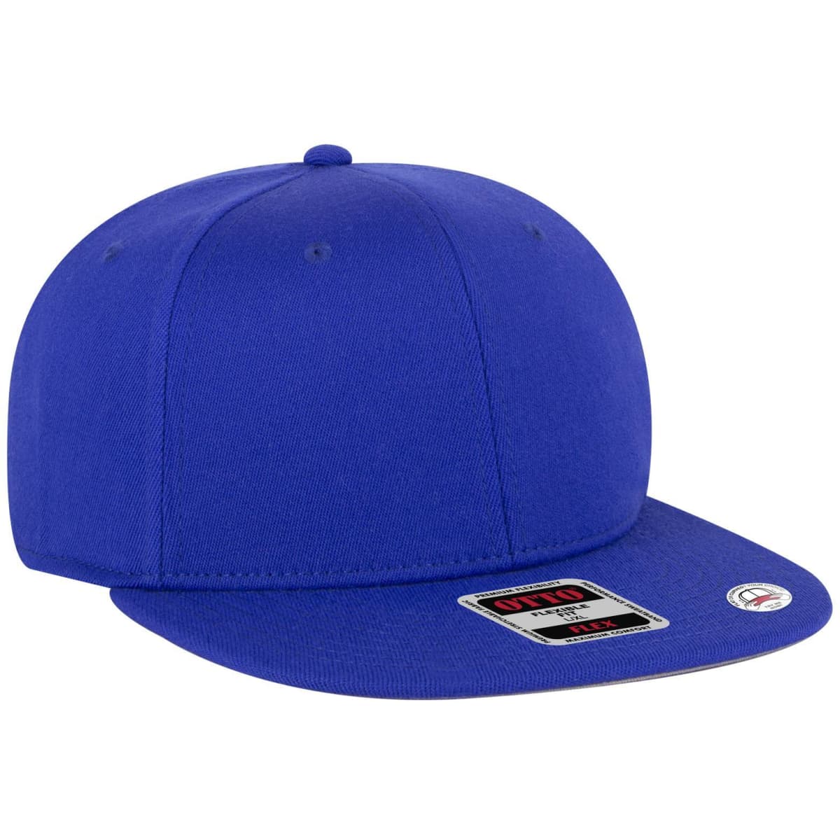 A blue 6 panel mid-profile baseball cap with a flat brim and a small logo on the side.