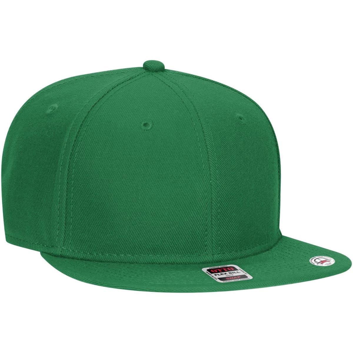 A green 6 panel mid profile snapback cap featuring a flat brim and a logo.