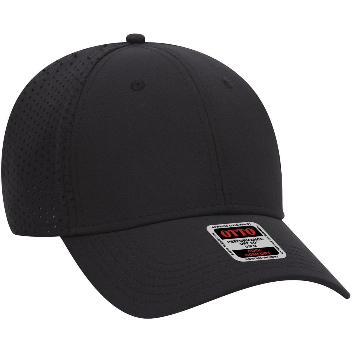 A low profile black baseball cap with ventilation holes and a branded tag on the front.