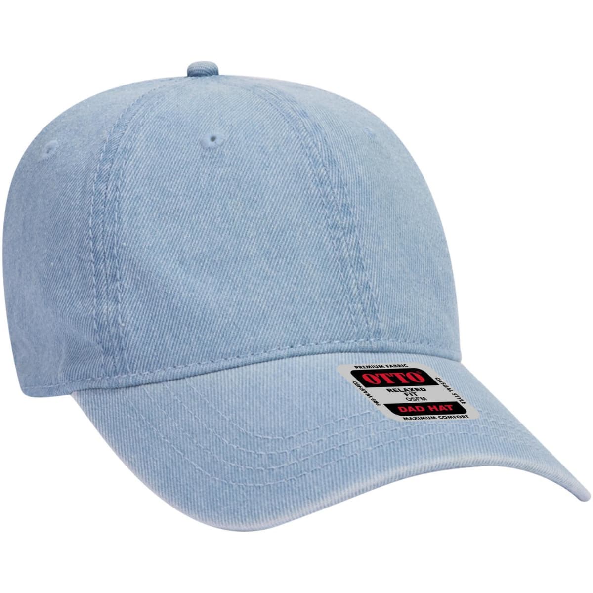 A light blue 6 panel low profile dad cap featuring a curved brim and an adjustable strap at the back.