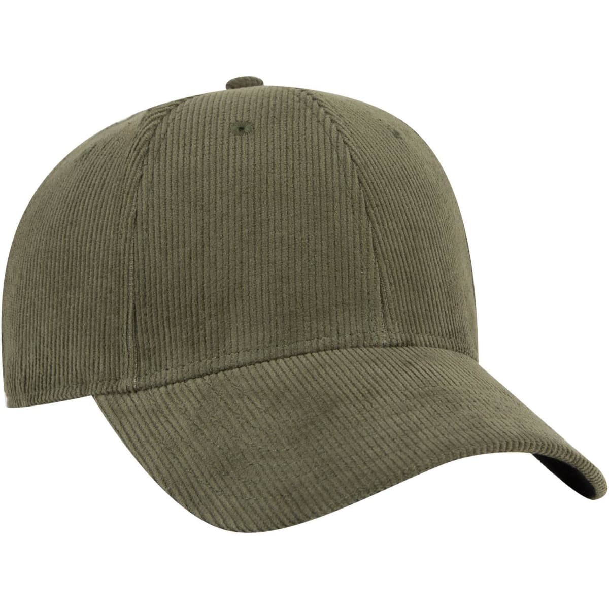 A green 6-panel low profile baseball cap made from corduroy, featuring a logo on the front.