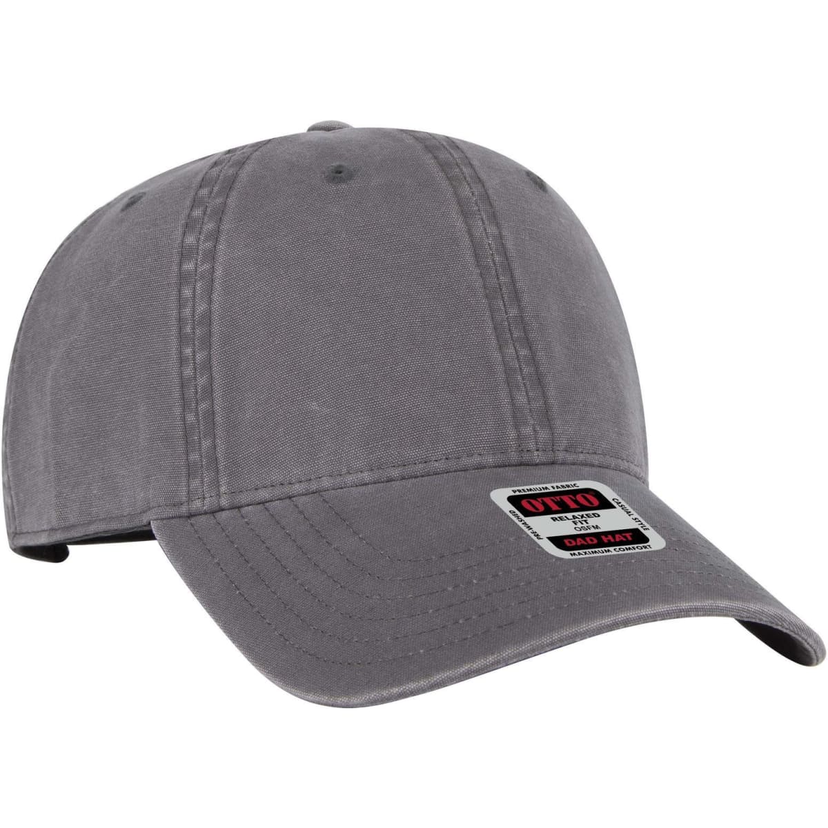 A grey 6 panel low profile dad cap featuring an adjustable strap and a logo on the front.