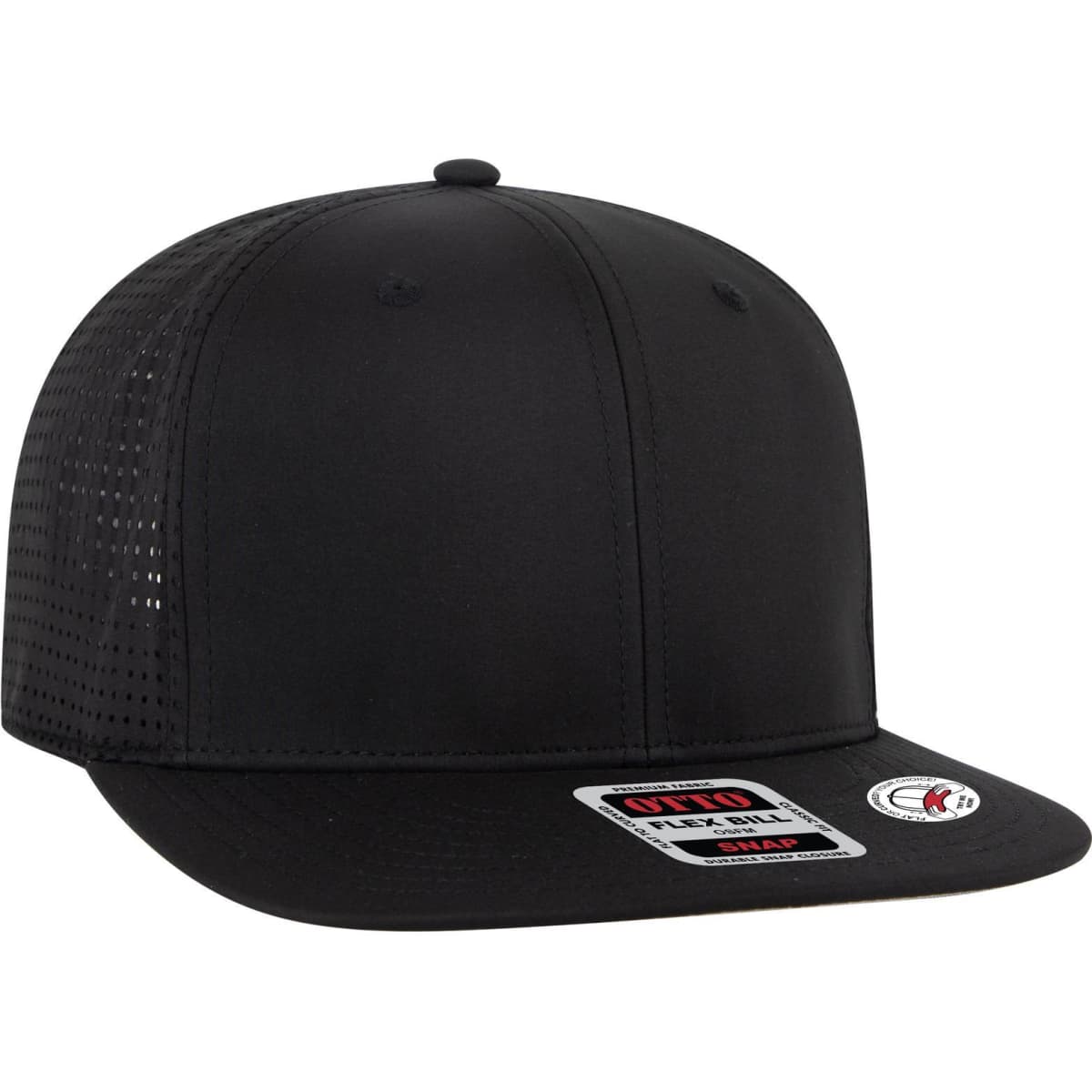 A black 6-panel snapback cap with mesh sides and a fitted style, featuring a logo on the side.