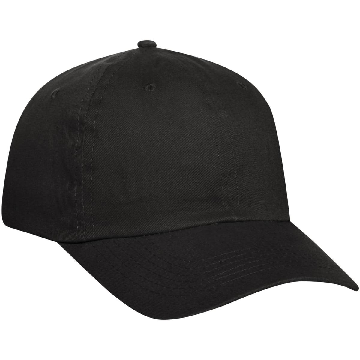 A black 6 panel low profile baseball cap with a curved brim and a logo on the front.