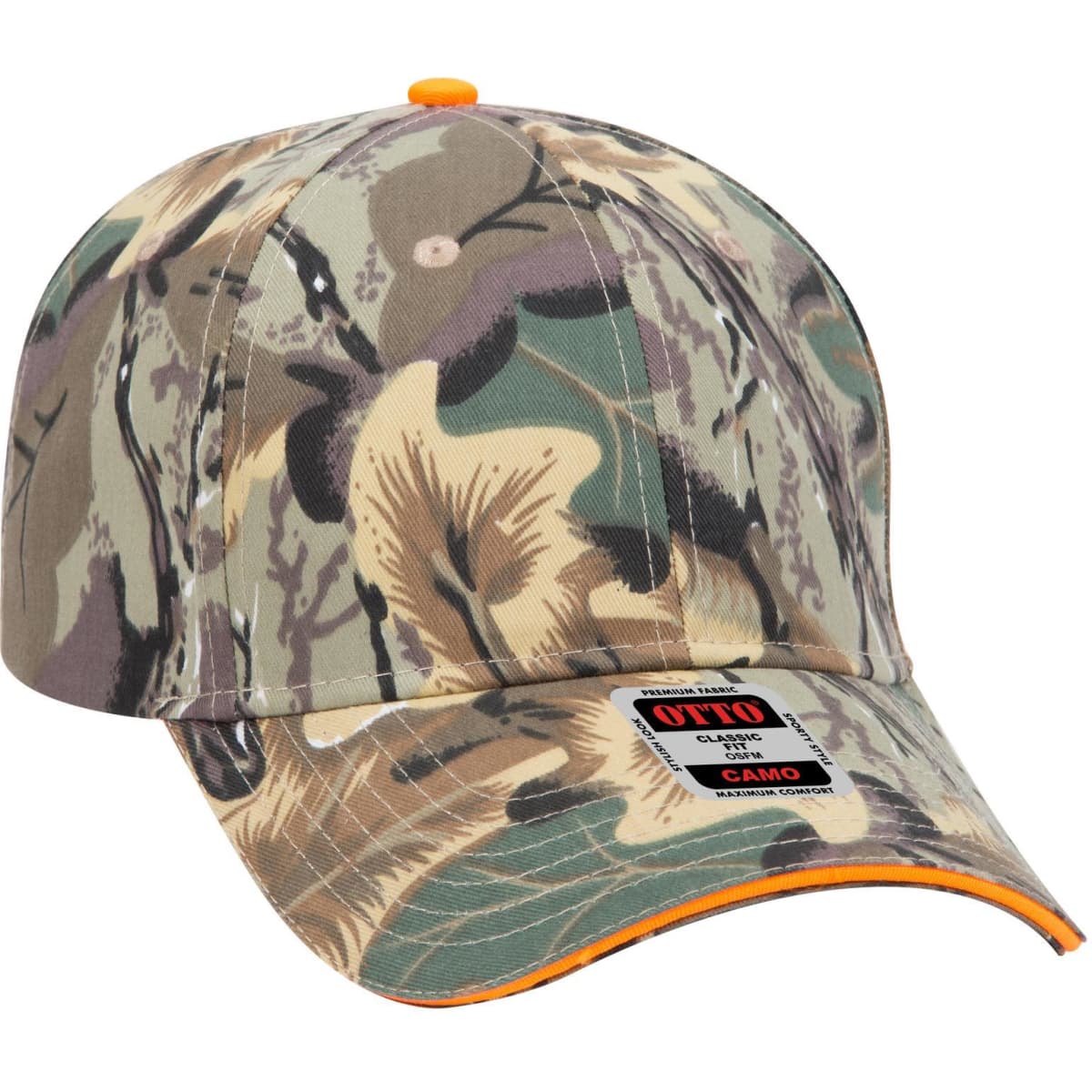 A camo-patterned 6 panel low profile baseball cap featuring shades of green and brown, with an orange accent and a logo.
