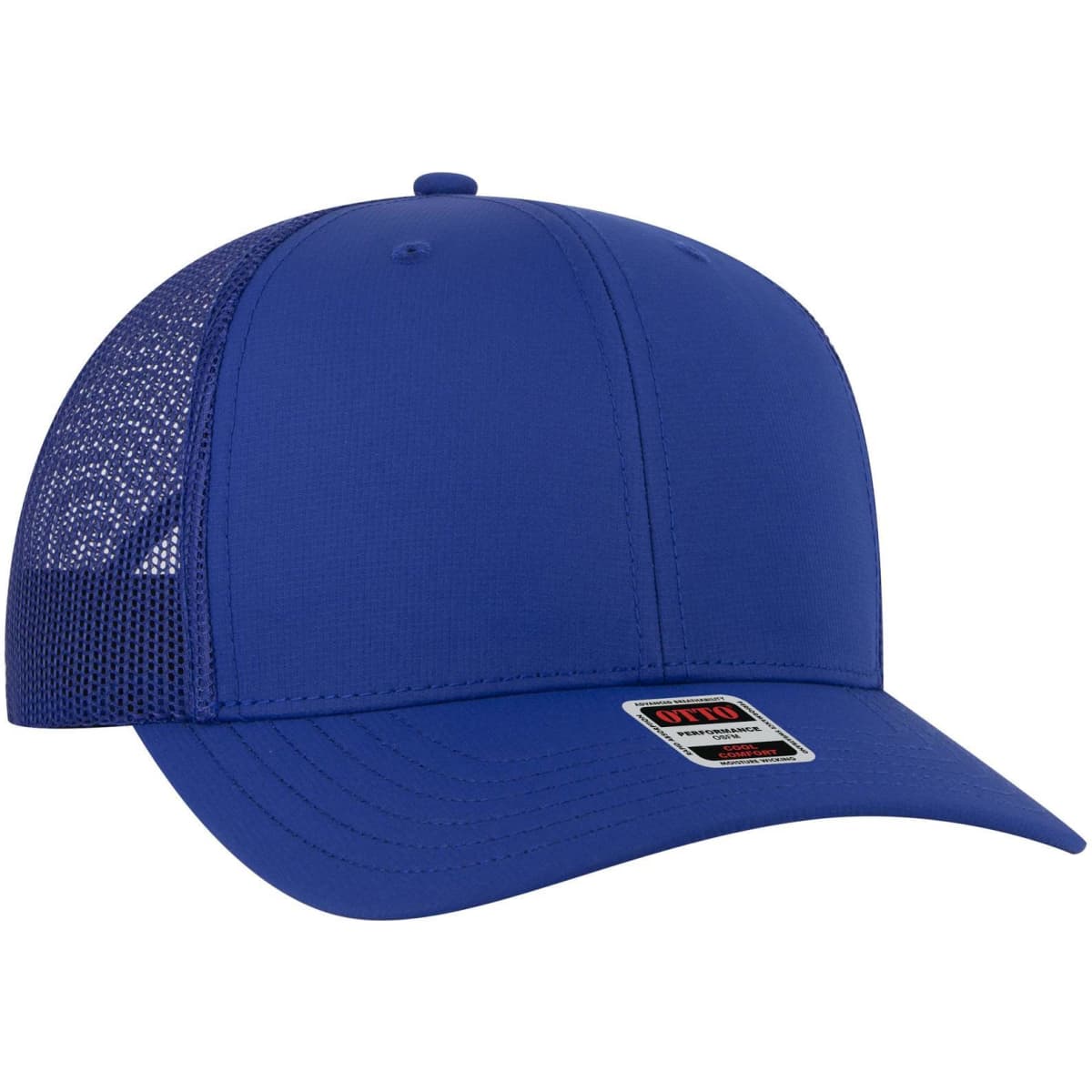 A mid-profile trucker cap in blue, featuring a mesh back and a logo on the front.