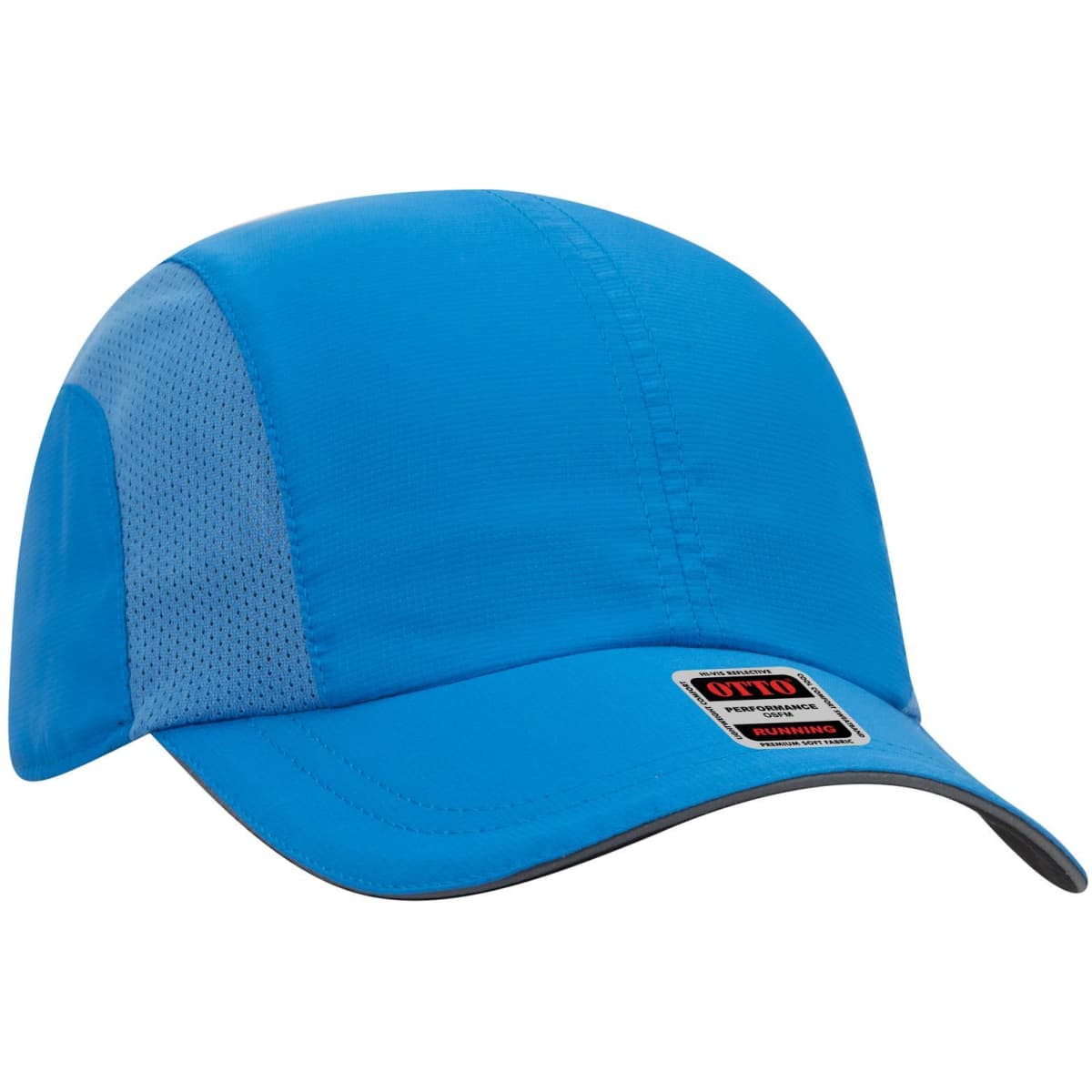 A blue reflective six-panel running cap with mesh panels and a logo on the front.