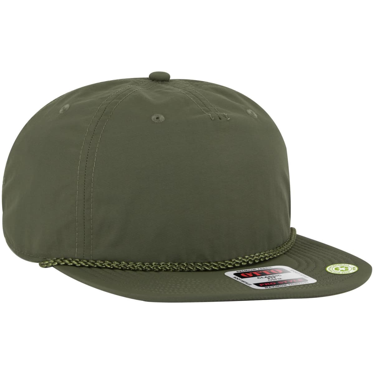 A khaki 5 Panel Pro Style Baseball Cap with a flat brim and a decorative chain detail. It features a logo on the side.