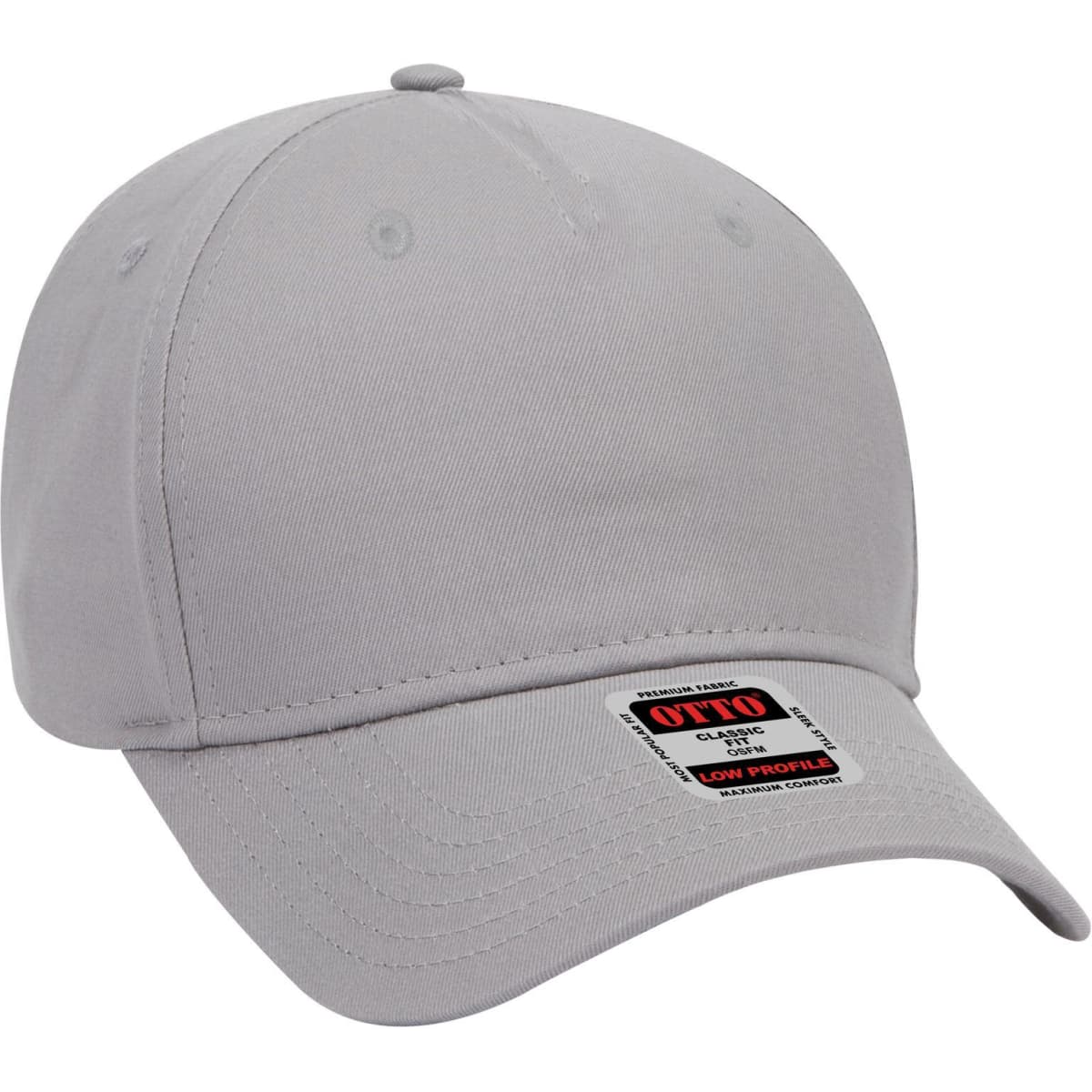 A grey 5 panel low profile baseball cap featuring a logo on its front.