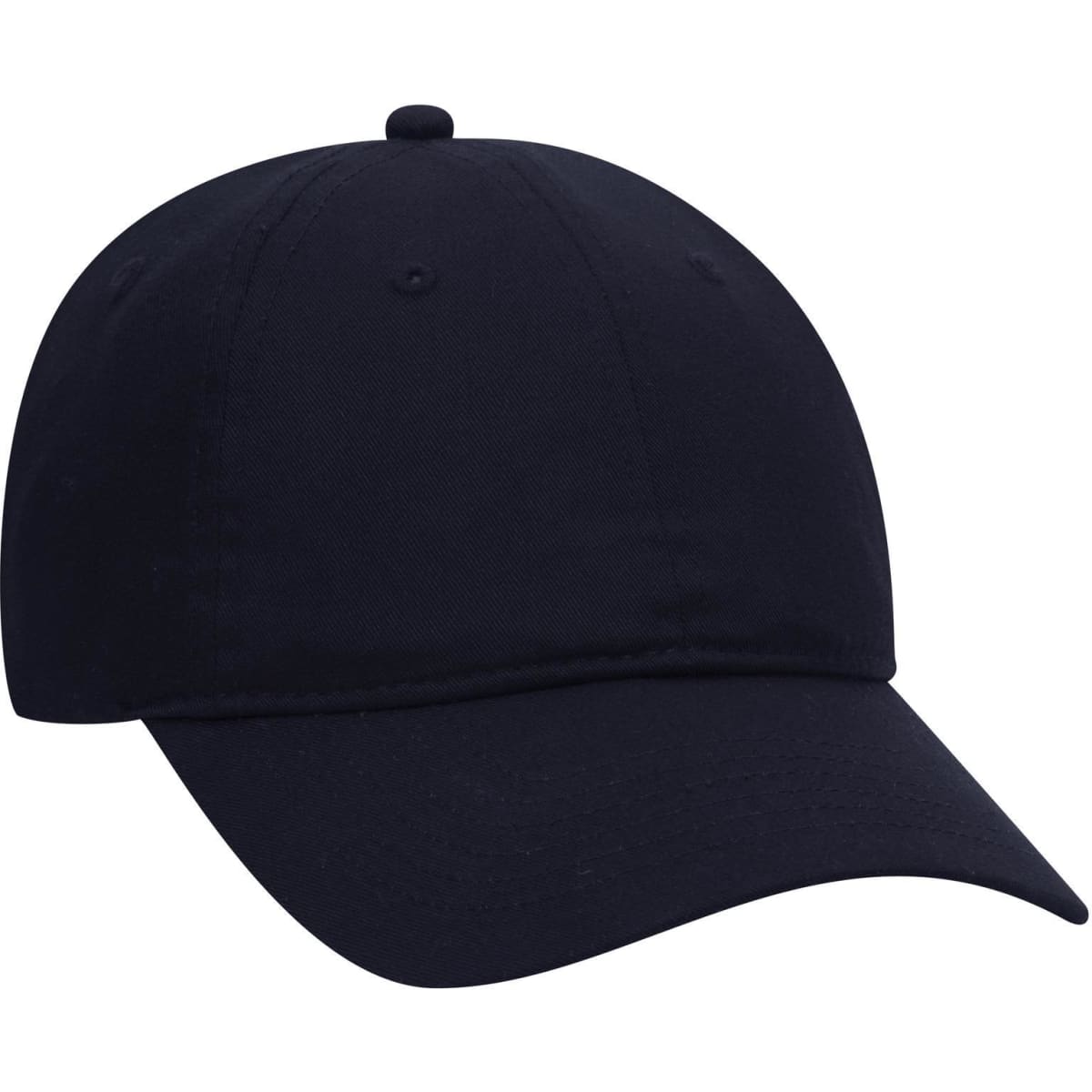 A navy blue 6 panel low profile baseball cap with a rounded crown and a logo on the front.