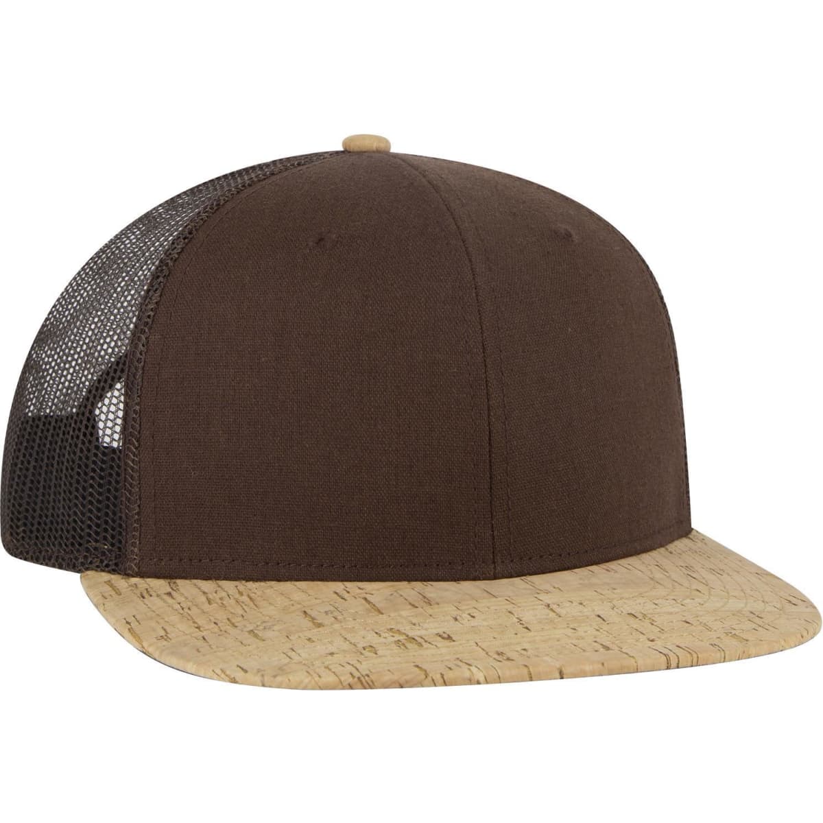 A brown trucker cap with a cork brim and mesh back, featuring a logo on the front.