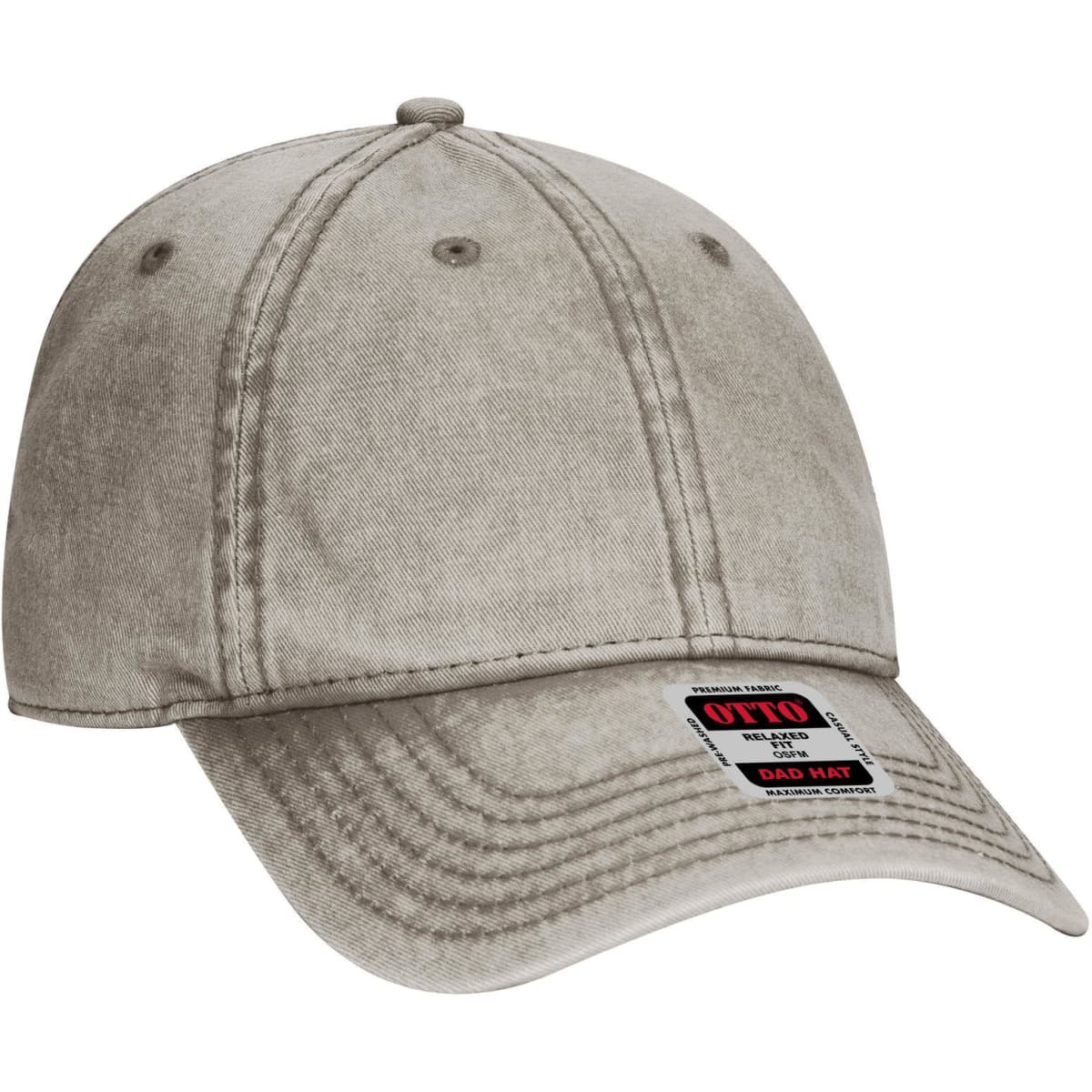 A grey 6-panel low profile dad cap with a curved brim and branding label on the front.
