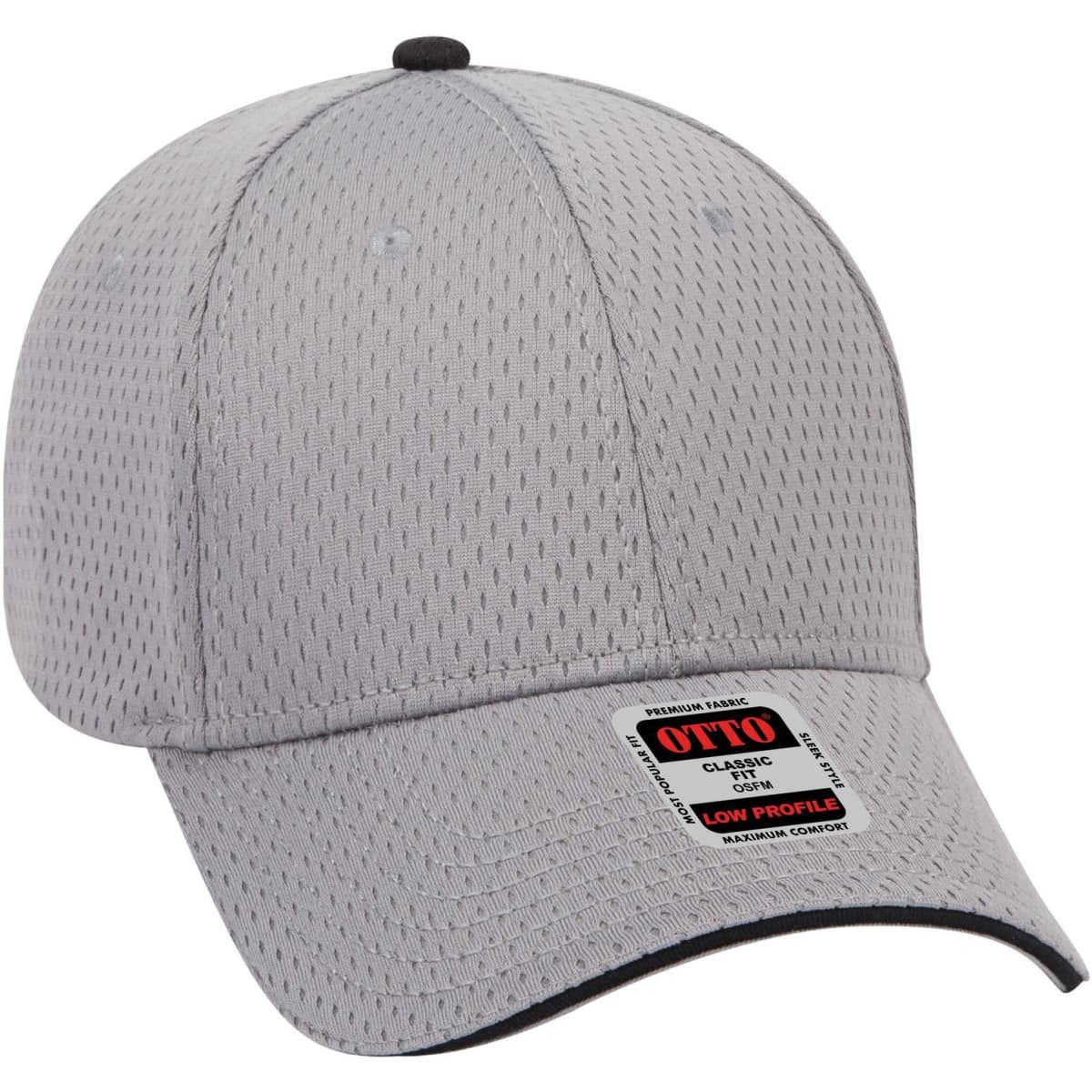 A grey 6 panel low profile baseball cap with a black brim, featuring a logo on the front.
