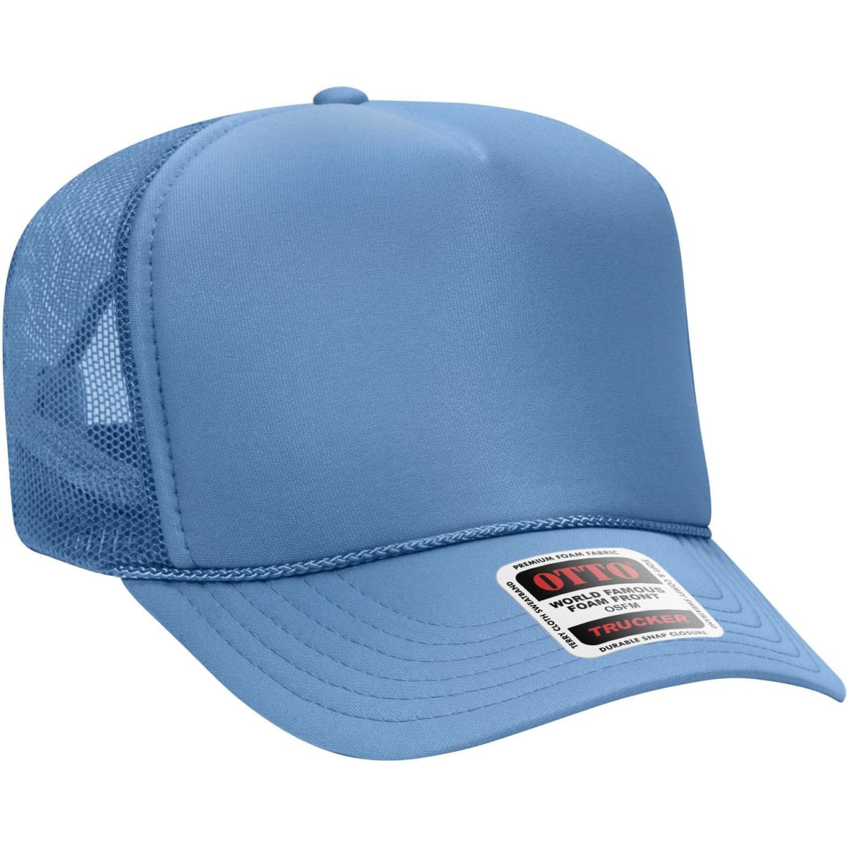 A blue 5 panel high crown trucker cap with mesh back and a branded tag attached.