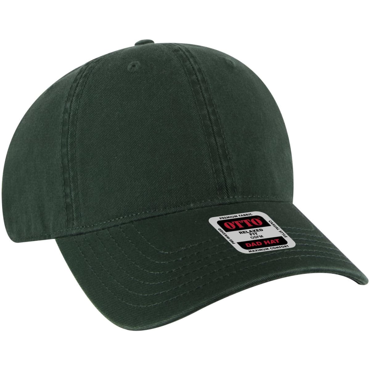 A dark green 6 panel low profile dad cap with a branded tag on the front.