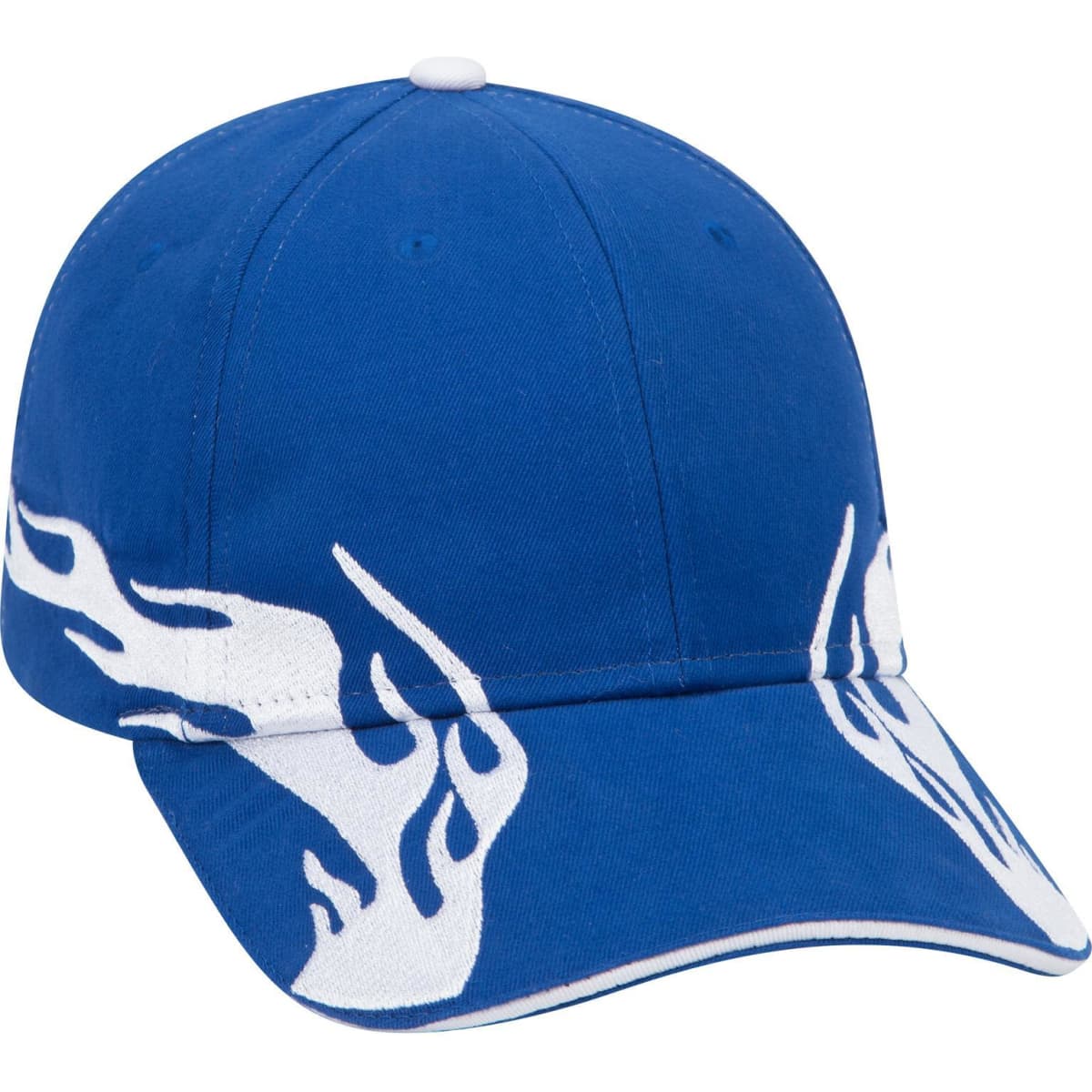 A blue low profile baseball cap featuring white flame designs and a logo on the front.