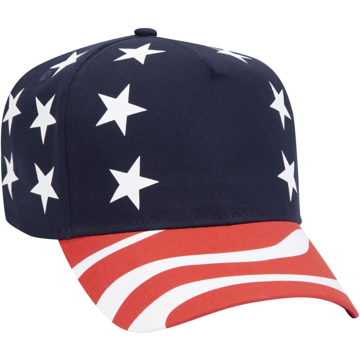 A navy blue baseball cap featuring white stars and a red patterned brim, with a logo on the side.