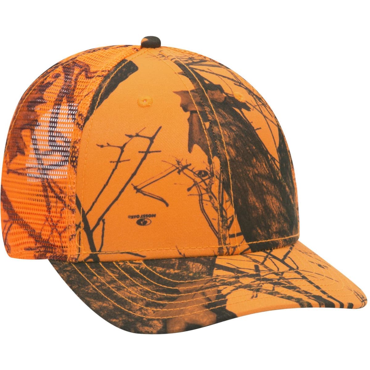 A camo baseball cap in orange and black with a mesh back and a logo on the side.