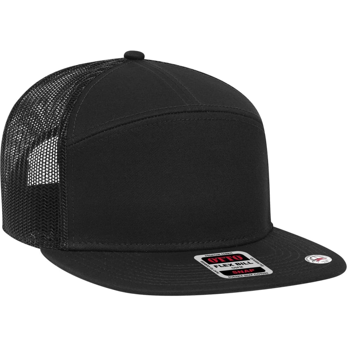 A black 7 Panel Trucker Cap featuring a solid front and mesh back, with a logo on the label.