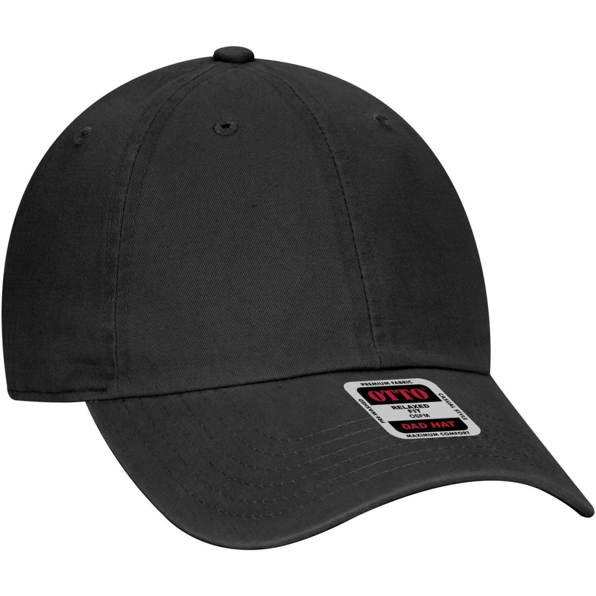A black 6 Panel Low Profile Dad Cap featuring a rounded crown and a curved brim, with a branding tag on the side.
