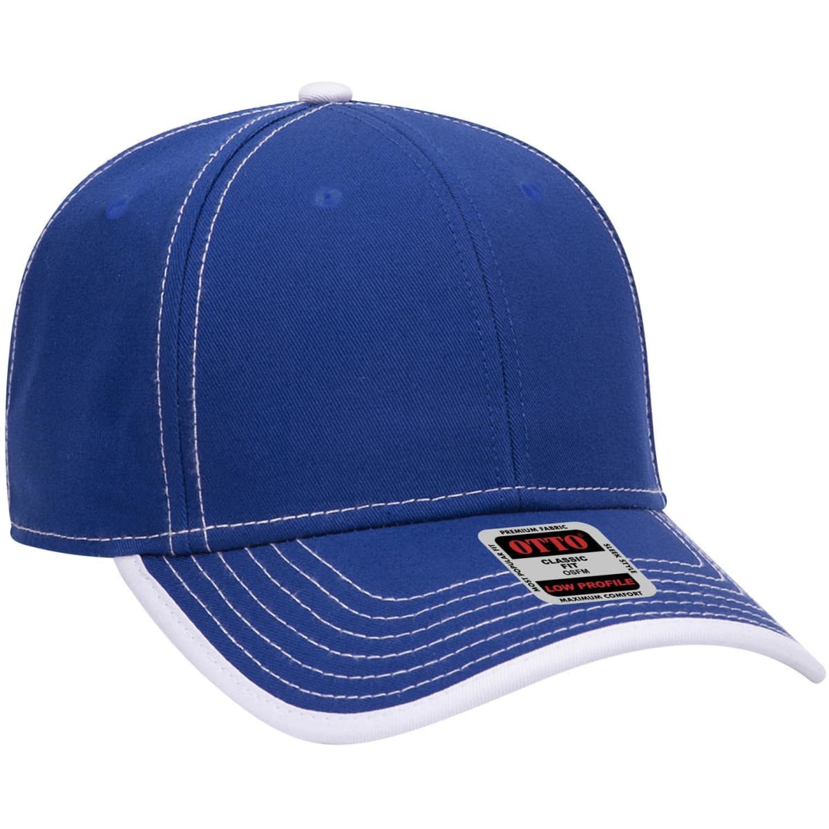 A blue 6-panel low profile baseball cap with contrasting white stitching and a branding label on the front.