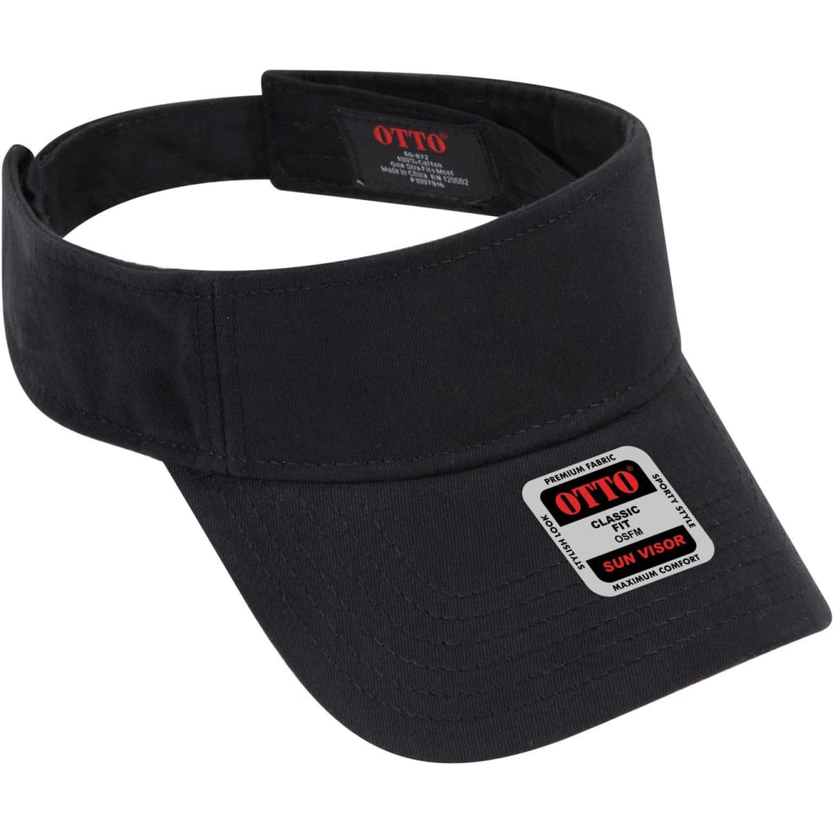 A black sun visor with a wide brim and an adjustable strap. It features a logo and a product label.