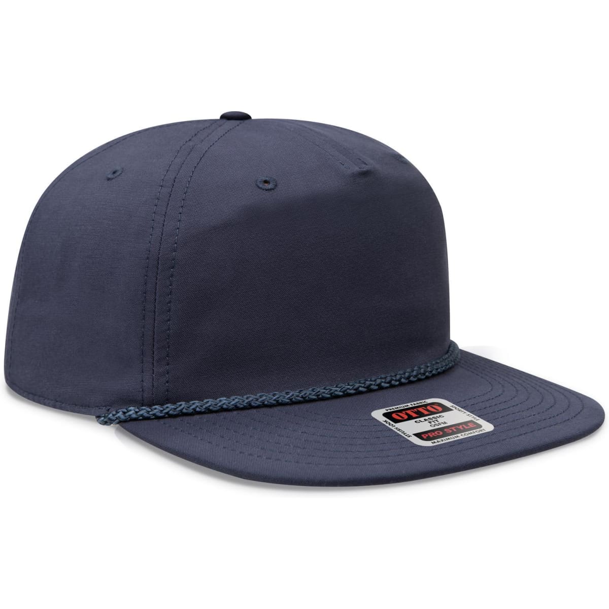 A navy blue 5 panel snapback cap with a chain detail on the brim and a logo tag.